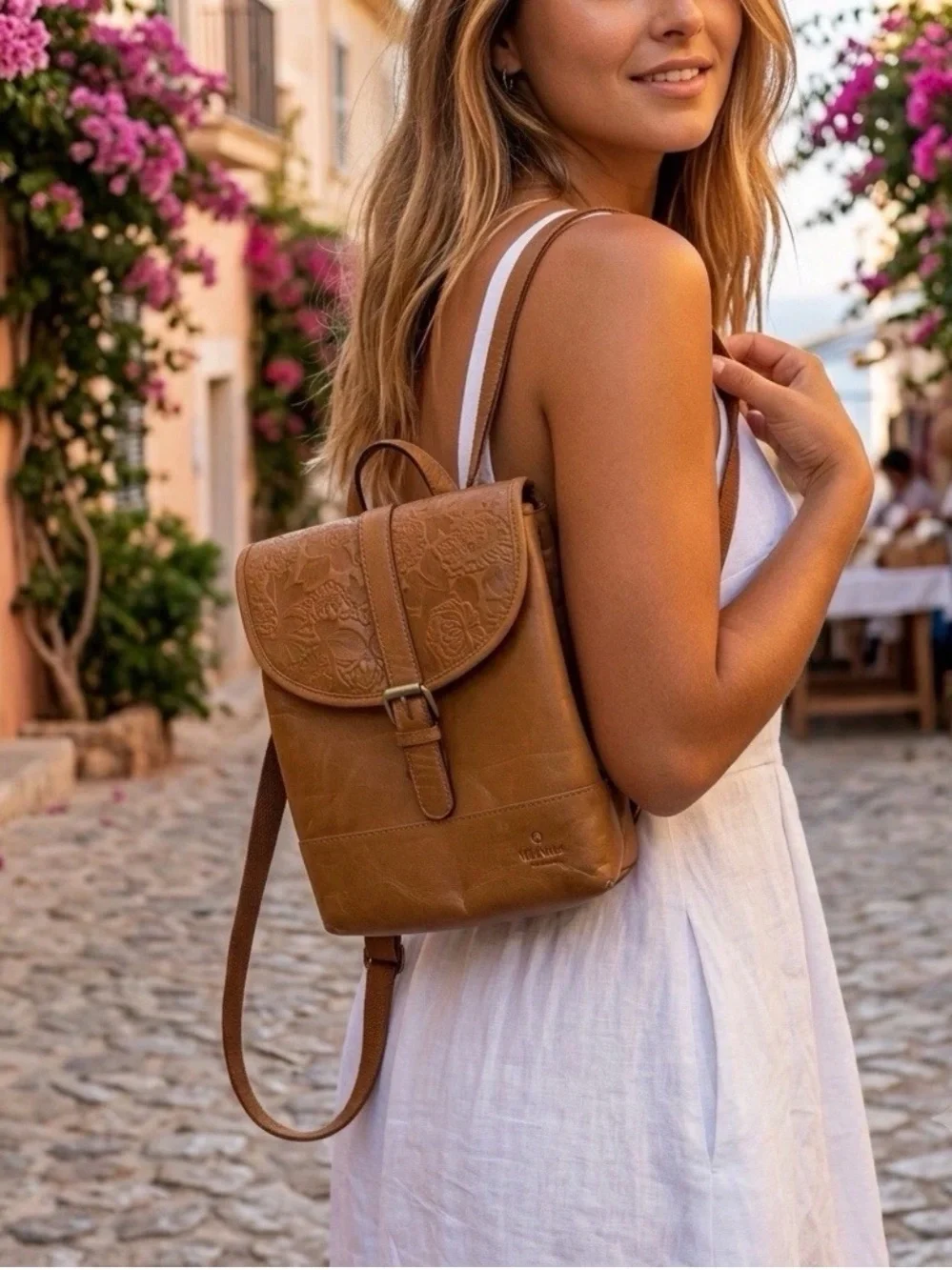 Wild West Floral Embossed Tan Leather Backpack Purse Western Boho